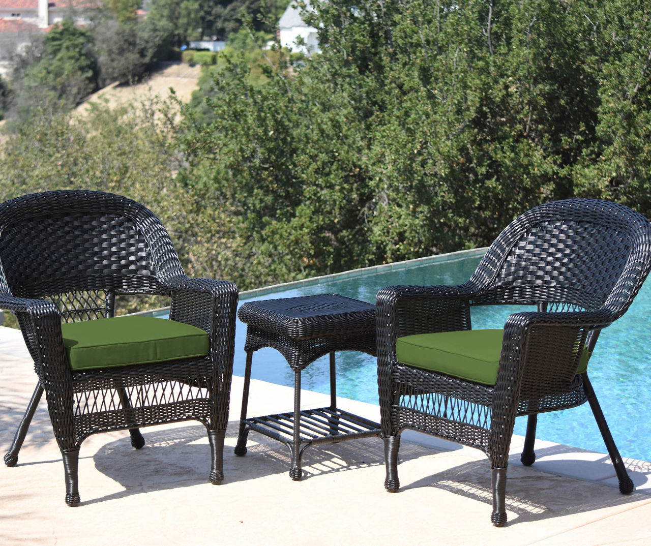 Black 3-Piece Patio All-Weather Wicker Chat Set with Hunter Green Cushions
