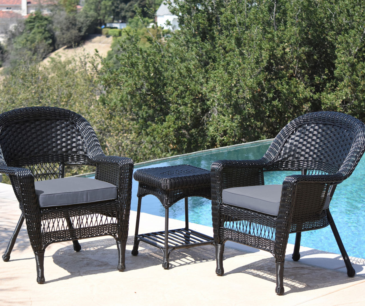 Black 3-Piece Patio All-Weather Wicker Chat Set with Steel Blue Cushions