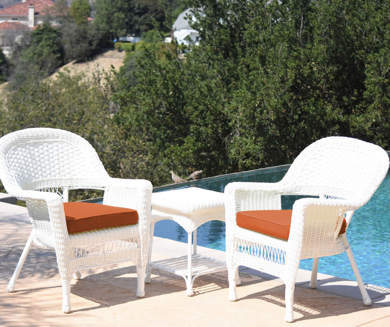 White 3-Piece Patio All-Weather Wicker Chat Set with Orange Cushions