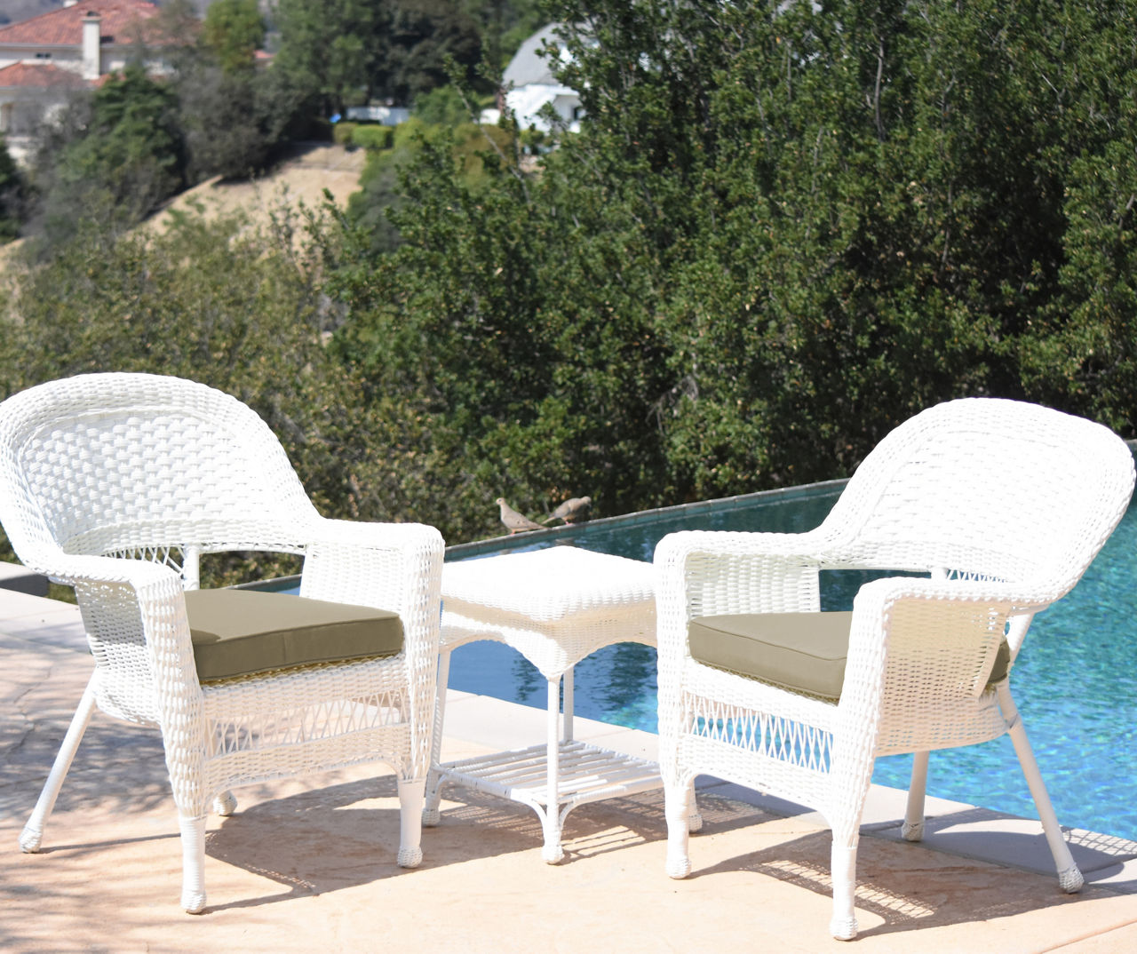 White 3-Piece Patio All-Weather Wicker Chat Set with Tan Cushions