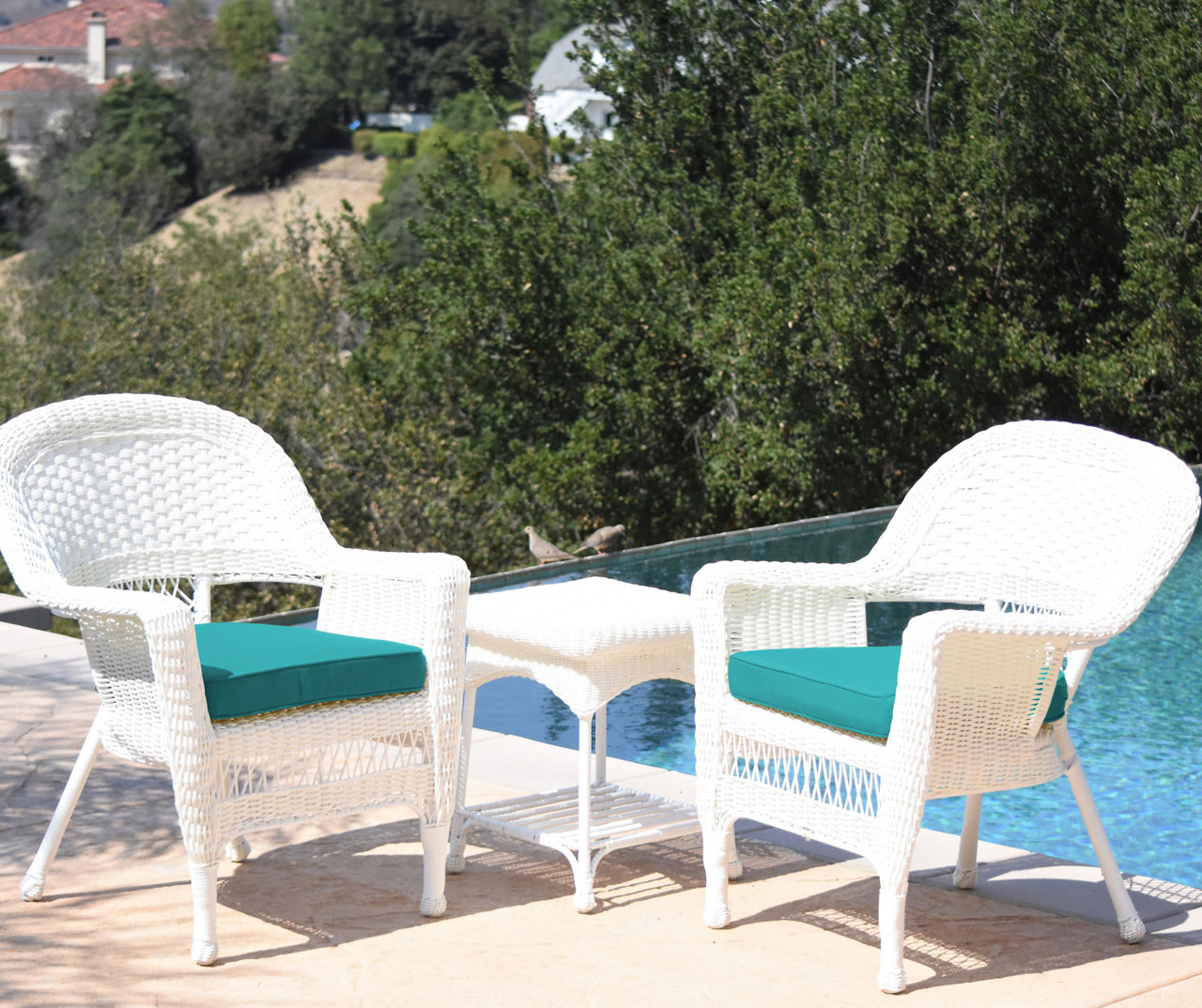 White 3-Piece Patio All-Weather Wicker Chat Set with Turquoise Cushions