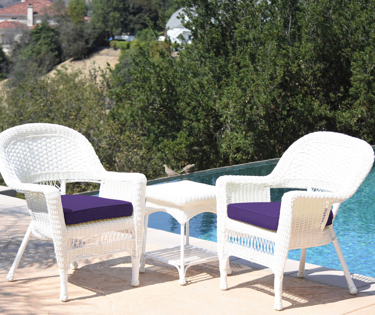 White 3-Piece Patio All-Weather Wicker Chat Set with Purple Cushions