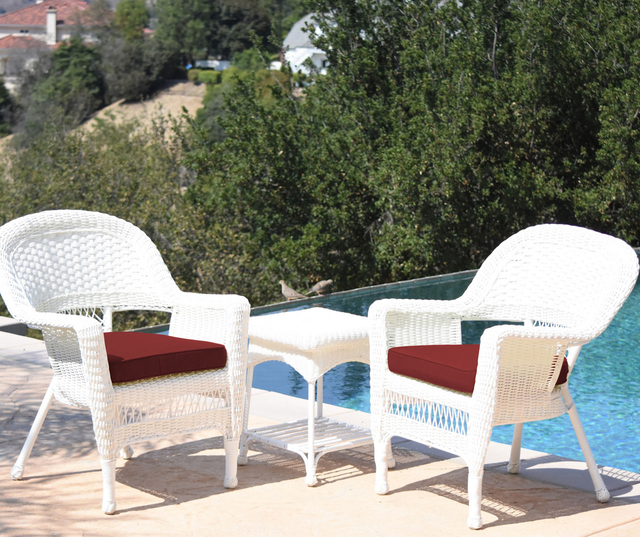 White 3-Piece Patio All-Weather Wicker Chat Set with Red Cushions