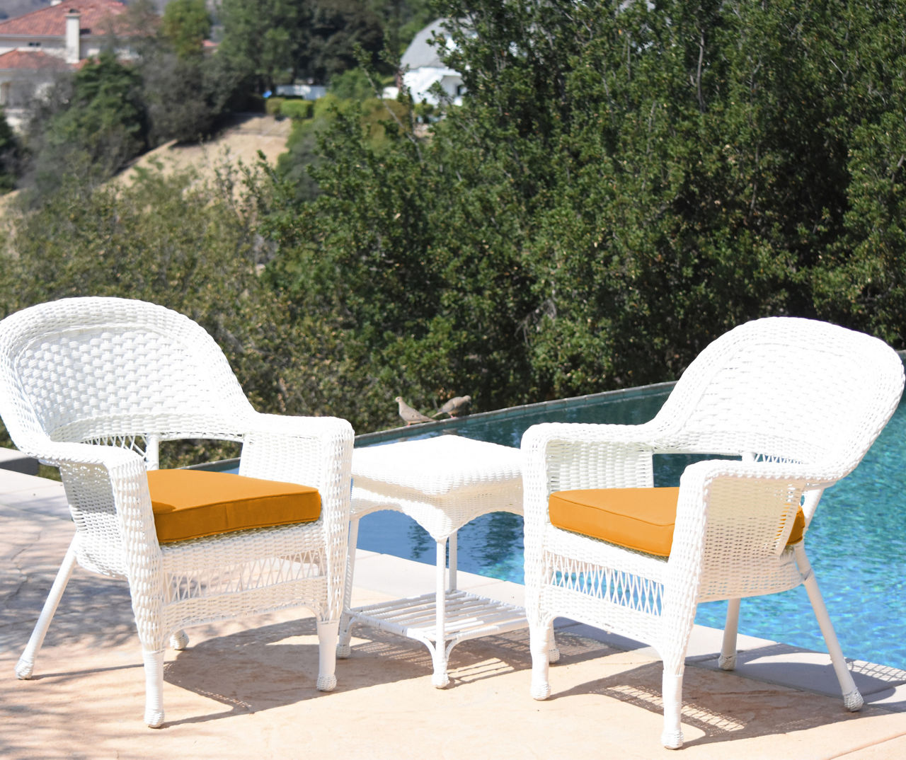 White 3-Piece Patio All-Weather Wicker Chat Set with Mustard Cushions