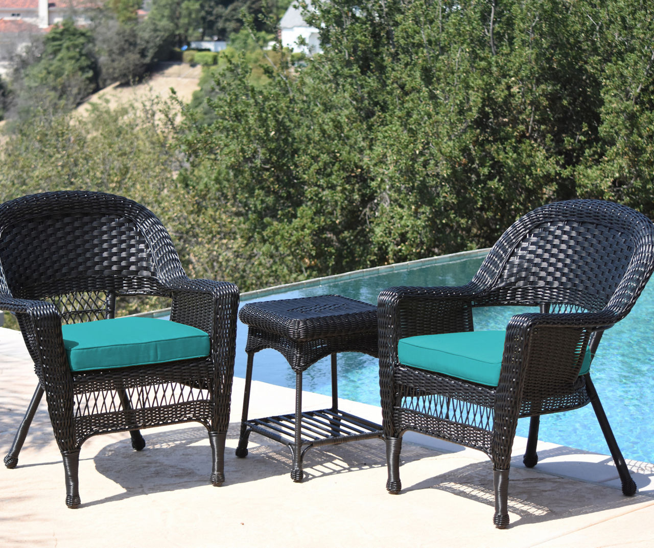Black 3-Piece Patio All-Weather Wicker Chat Set with Turquoise Cushions