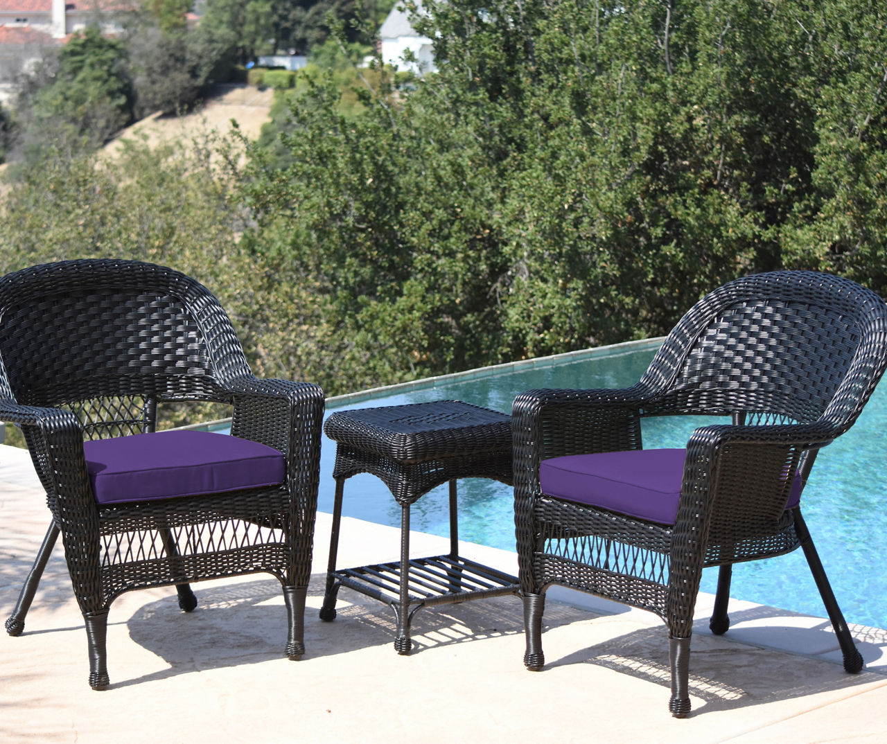Black 3-Piece Patio All-Weather Wicker Chat Set with Purple Cushions