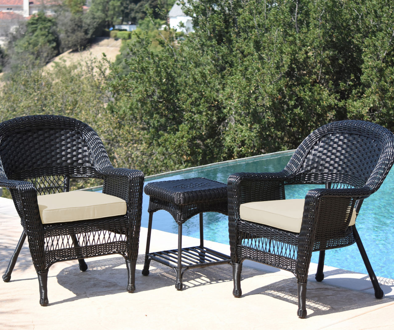 Black 3-Piece Patio All-Weather Wicker Chat Set with Ivory Cushions