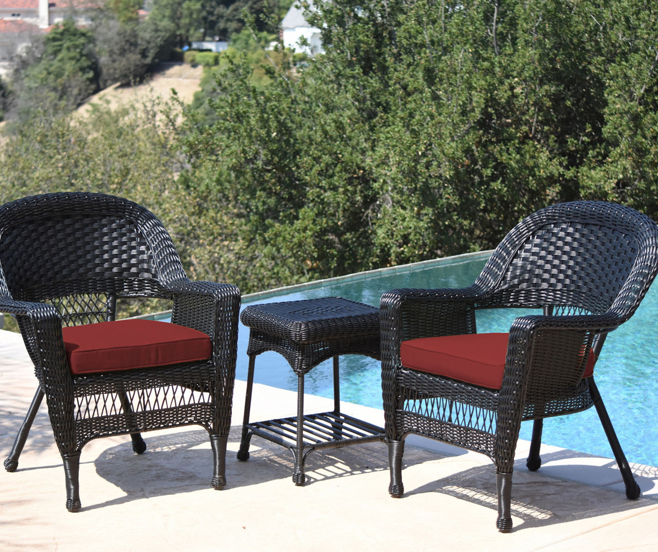 3PC BLK WICKER CHAIR SET W RED CUSHIONS