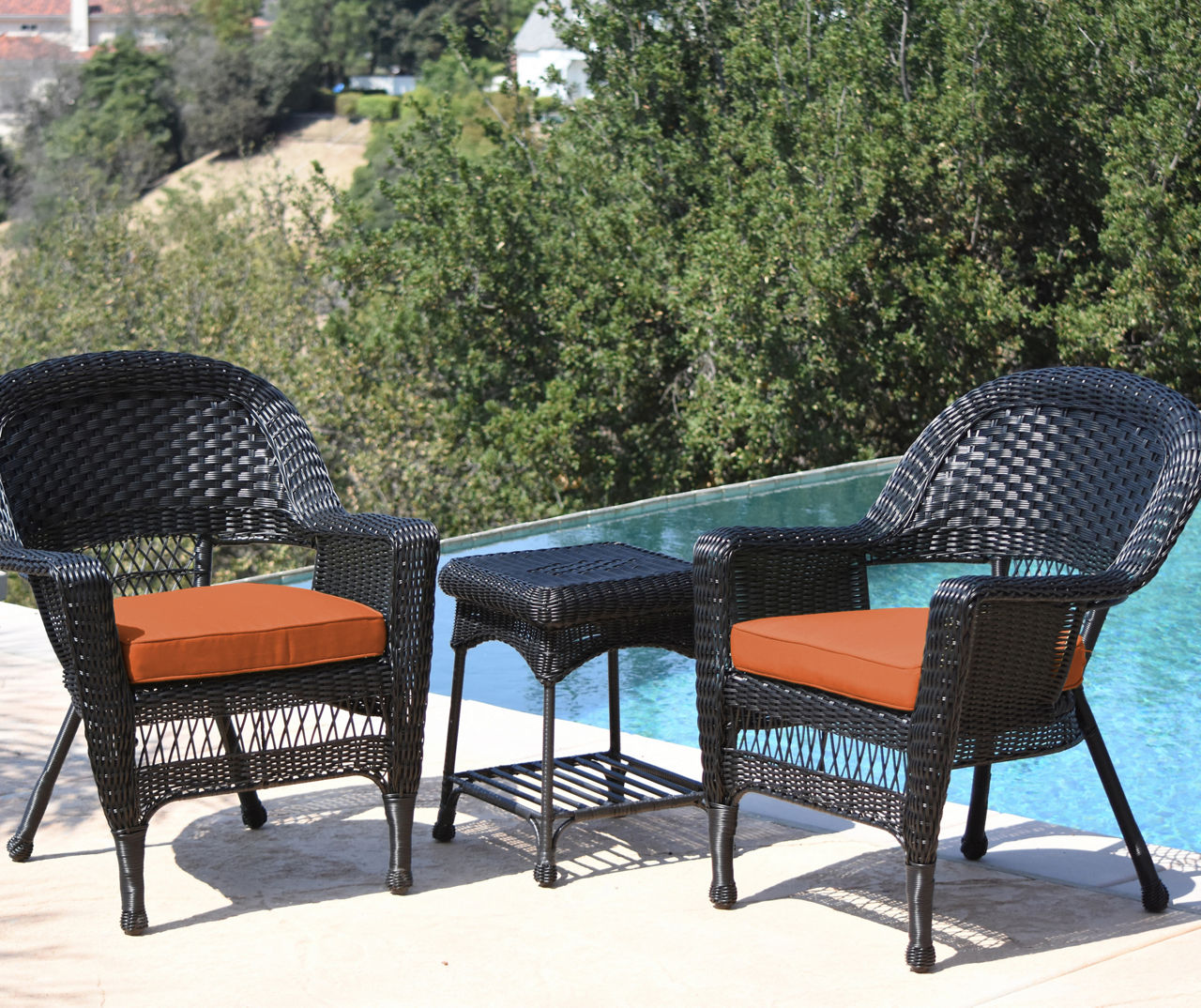 Black 3-Piece Patio All-Weather Wicker Chat Set with Orange Cushions
