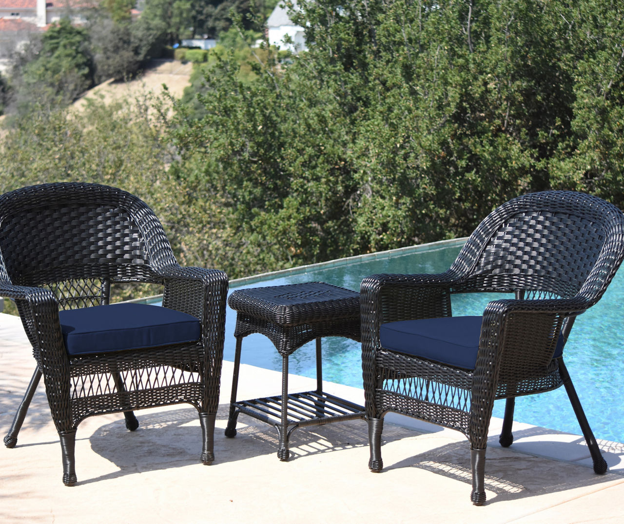 Black 3-Piece Patio All-Weather Wicker Chat Set with Midnight Blue Cushions