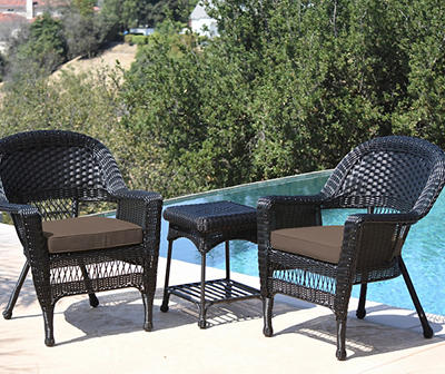 Black 3-Piece Patio All-Weather Wicker Chat Set with Brown Cushions