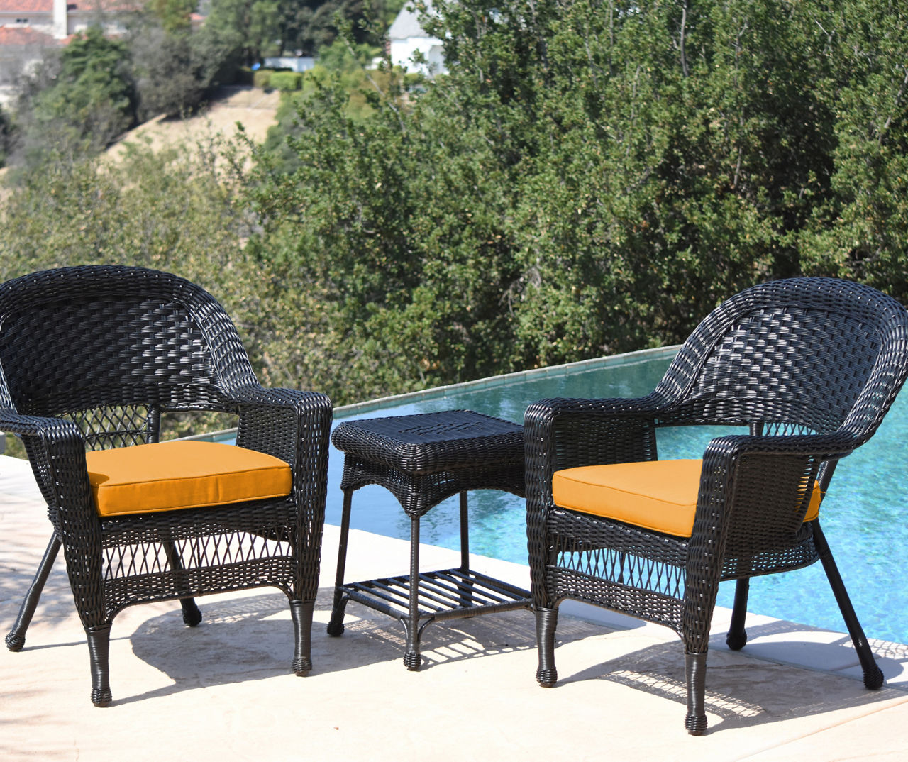 Black 3-Piece Patio All-Weather Wicker Chat Set with Mustard Cushions