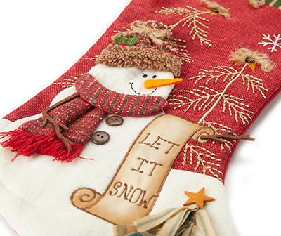 Trim A Home Dark Red Christmas Stocking Snowman with Striped Scarf & Green Hat 