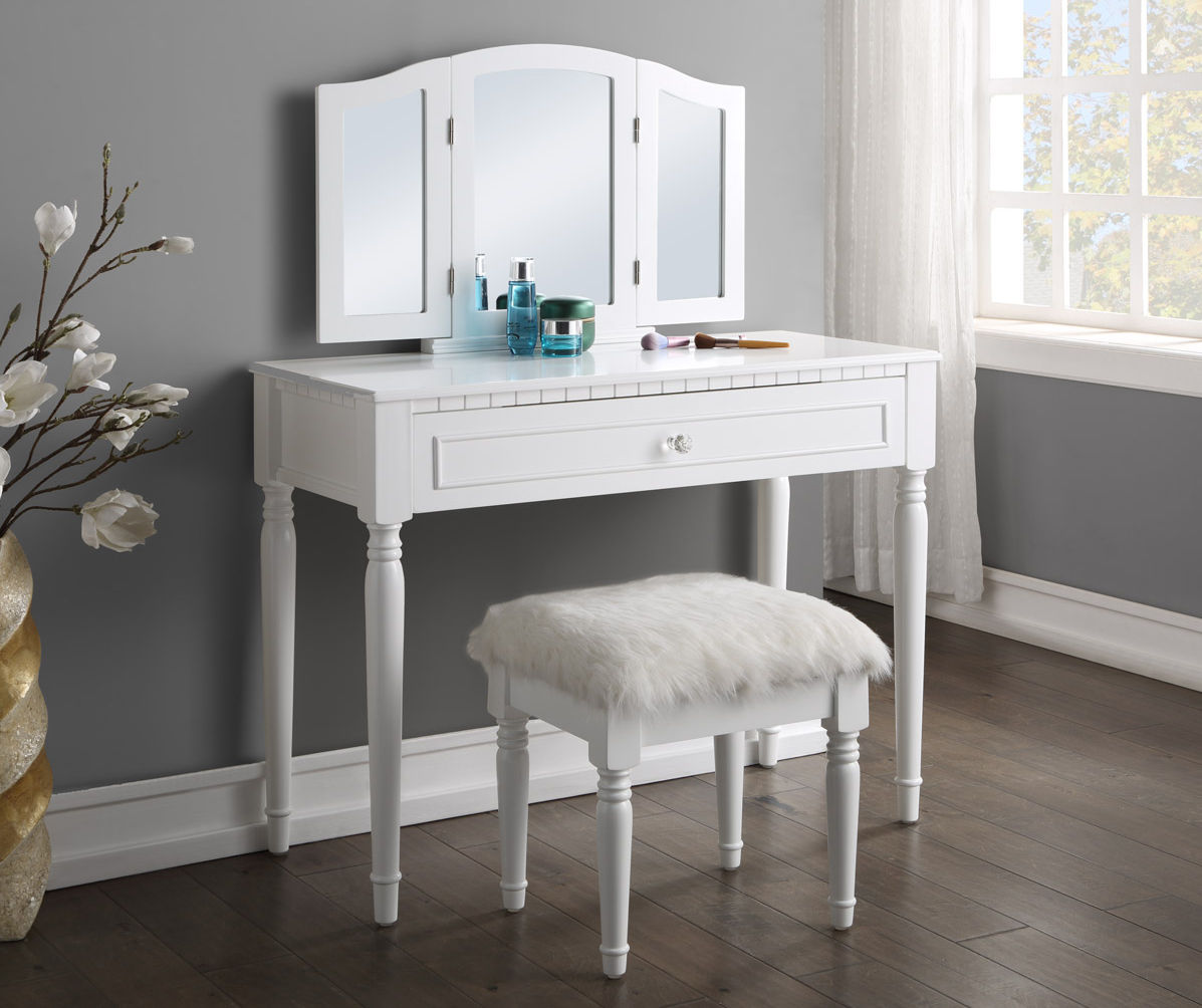 3pc Anza Multi Storage Vanity Set with Tri Fold Mirror and Stool White -  HOMES: Inside + Out