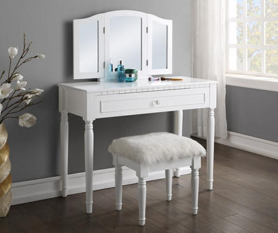 Stratford White Vanity Set With Tri, Triple Mirror Vanity Desk