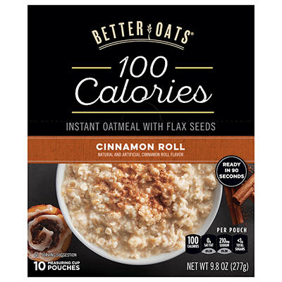 Better Oats 100 Calories Cinnamon Roll Instant Oatmeal with Flax Seeds 10 Pouches