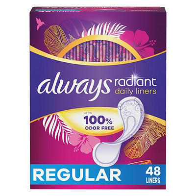 Always Radiant Daily Liners Regular, Up to 100% Odor-free, 48 CT