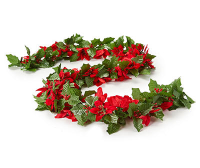 Poinsettia Holly Chain Link Christmas Garland Red Green Gold 6ft 
