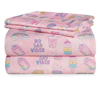 "No Bad Vibes" Pink Full 4-Piece Sheet Set