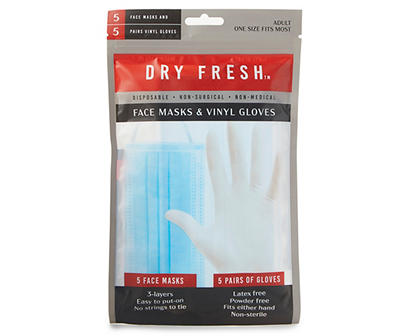 Adult Disposable Face Masks & Gloves, 5-Sets
