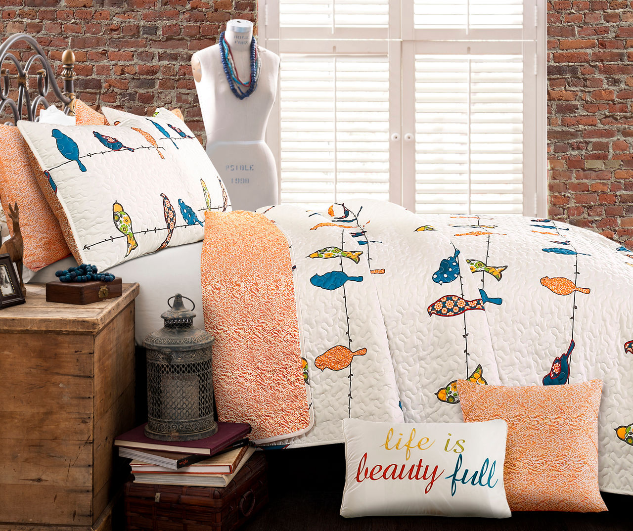Rowley Birds Orange Full/Queen Reversible 7-Piece Quilt Set