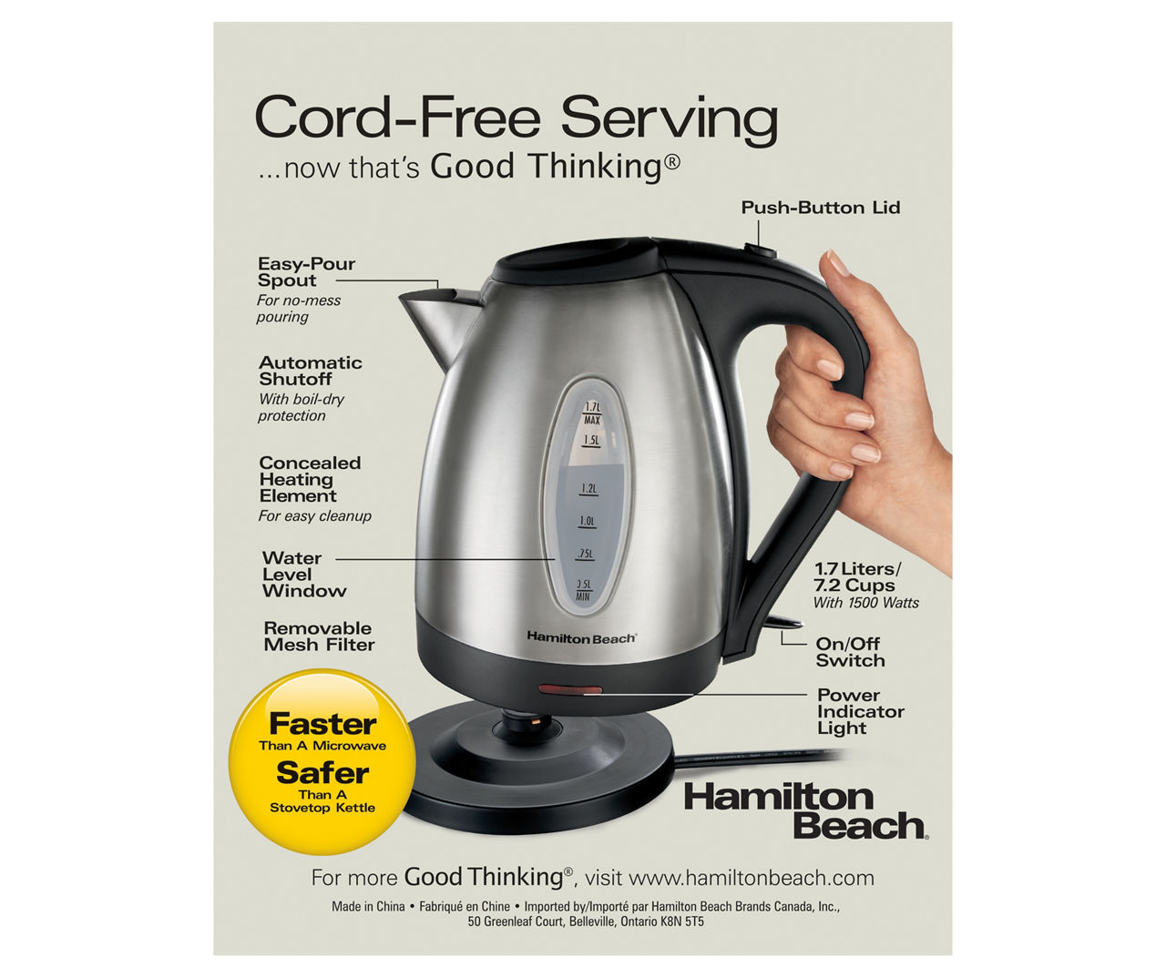 Hamilton Beach Electric Kettle, 1 Liter Capacity, Stainless Steel