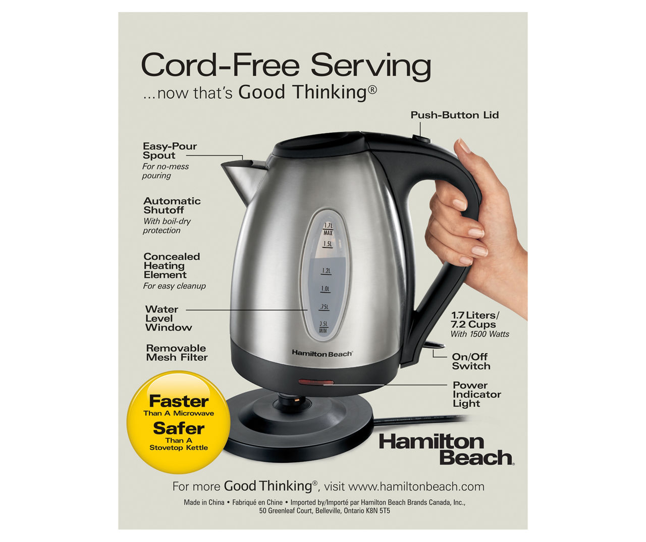 Hamilton Beach - 1.7-Liter Stainless Steel Electric Kettle