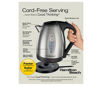 Hamilton Beach� 40880 Electric Kettle, Fast Heating, Cord-Free Serving, 1.7 Liter, Stainless Steel