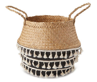 Black & Tan Tassel Seagrass Basket, (12