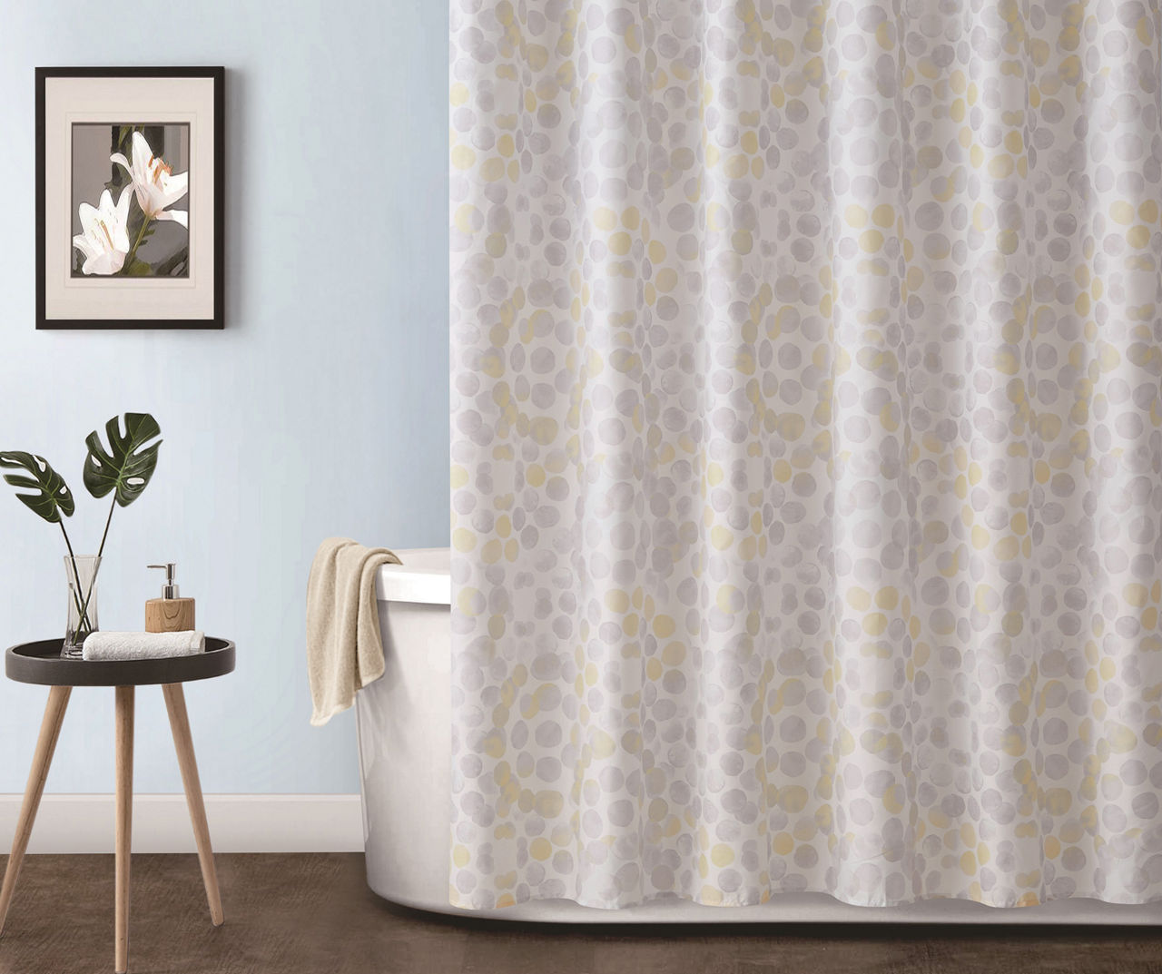 Beth Gray & Yellow Circle Microfiber Shower Curtain