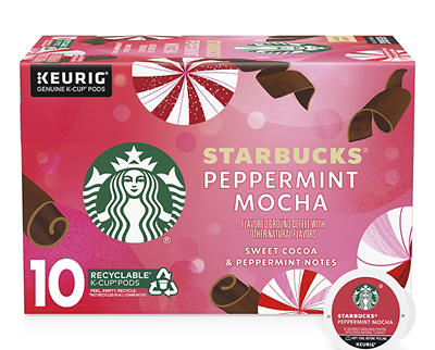 Starbucks K-Cup Coffee Pods, Peppermint Mocha Naturally Flavored Coffee For Keurig Brewers, 100% Arabica, Limited Edition Holiday Coffee, 1 Box (10 Pods)