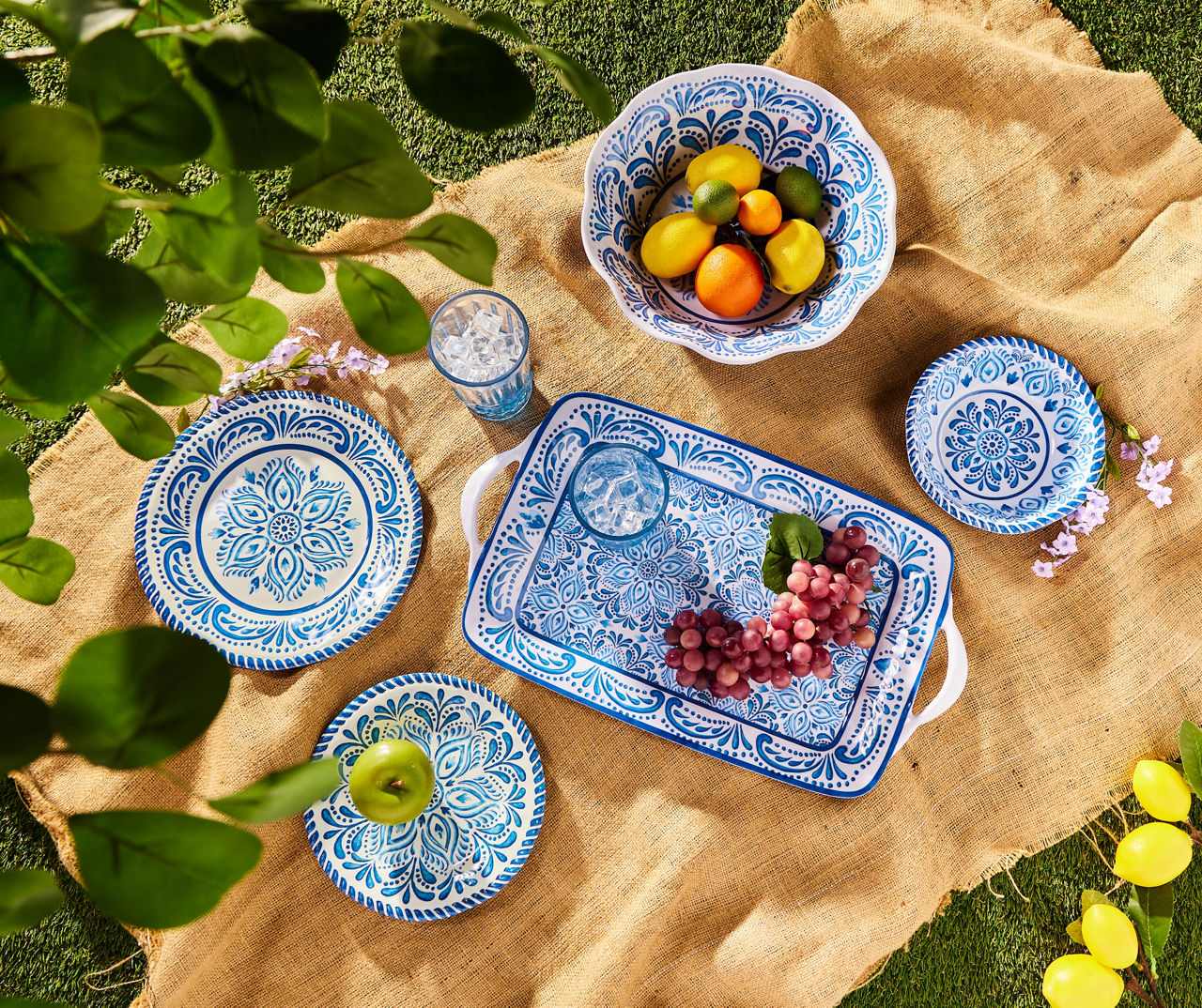 Blue and shop white serving platters