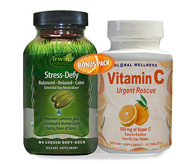 Stress Defy Softgels, 84-Count & Vitamin C Tablets, 30-Count Dual Pack