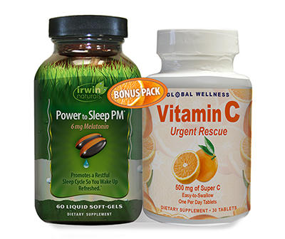 Power to Sleep 6mg Melatonin Softgels, 60-Count & Vitamin C Tablets, 30-Count Dual Pack