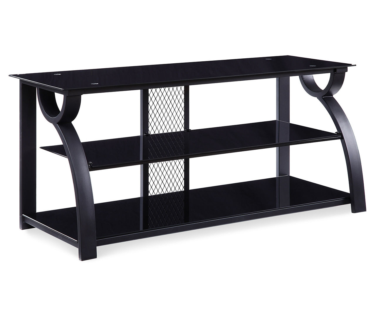 Just home black tempered glass store & metal curved tv stand