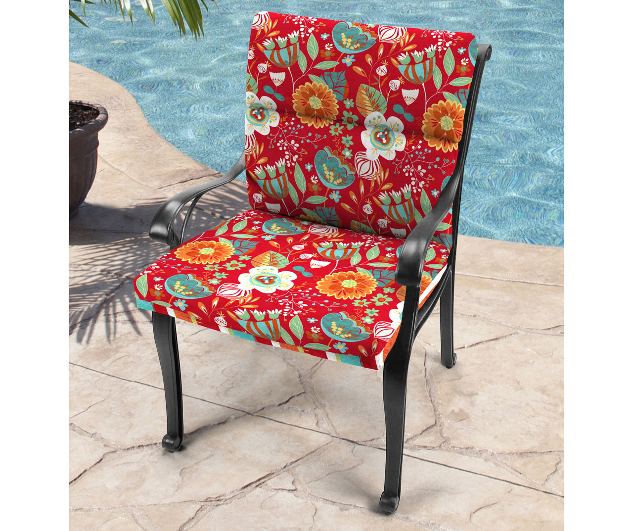 Jordan Manufacturing - Killian Rojo Tropical Floral & Stripe Reversible Outdoor Chair Cushion