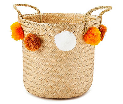 Woven Storage Basket with Orange Pom Poms