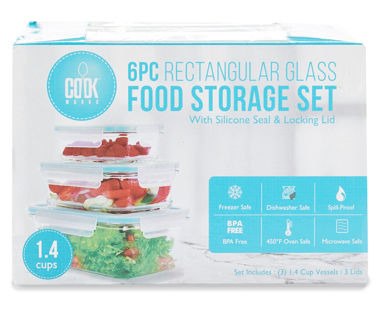 6-piece Rectangular Glass Food Storage Container Set with Blue