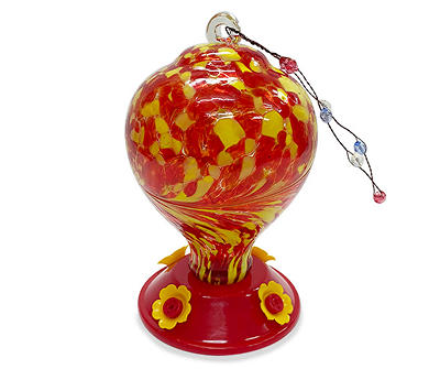 Red & Yellow Swirl Glass Ball Hummingbird Feeder