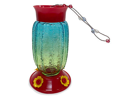 Green & Red Glass Hummingbird Feeder