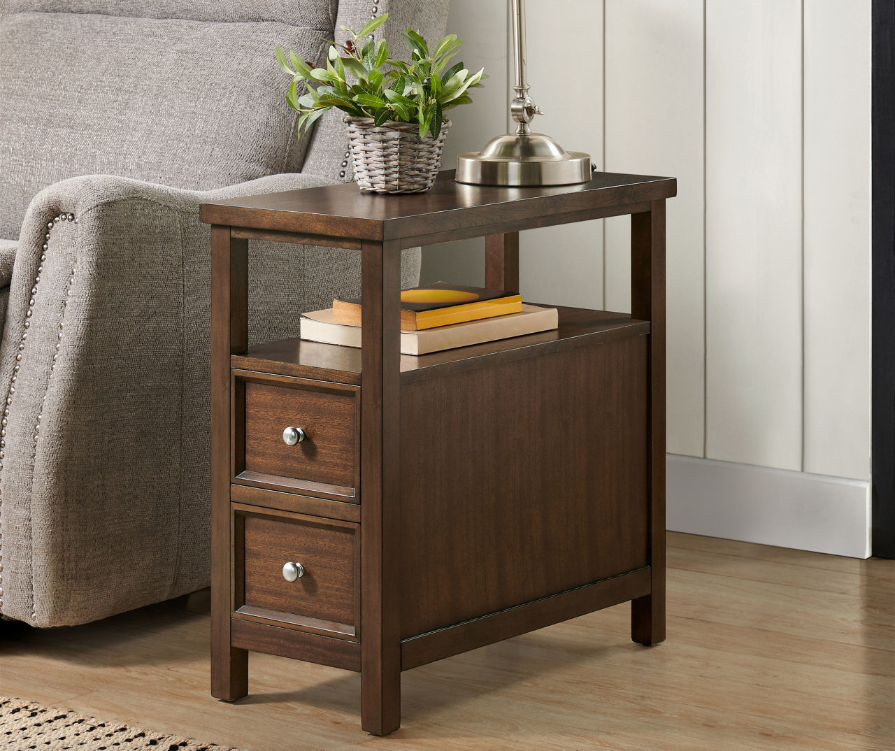 Real Living Walnut 2-Drawer End Table with Shelf