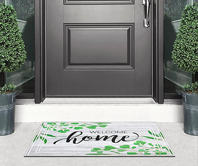 "Welcome Home" Floral White Washed Doormat, (24" x 36")