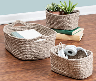 Set of 3 Nested Cotton Baskets with Handles, Champagne