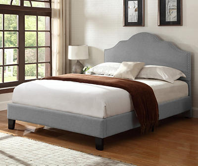 Willow River Light Gray Queen Upholstered Bed with Nailhead, Padded Headboard, And Platform-Style Base