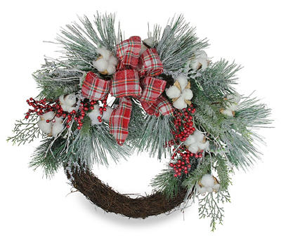 Plaid Glittered Cotton and Holly Berry Artificial Christmas Wreath - 24-Inch  Unlit