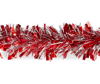 Red and Silver Wide Cut Christmas Tinsel Garland - 12 feet  Unlit