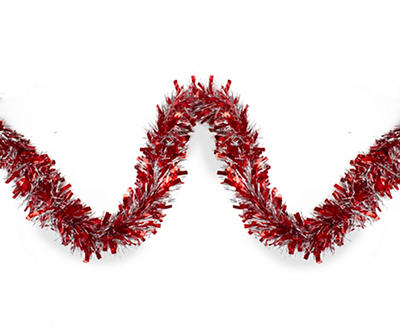Red and Silver Wide Cut Christmas Tinsel Garland - 12 feet  Unlit