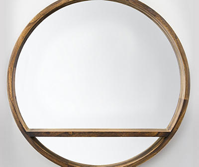 Round Wooden Wall Mirror with Storage Shelf - Brown (28")