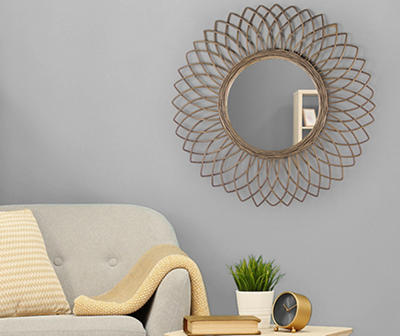 Gray Woven Rattan Sunburst Wall Mirror