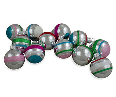Shiny Silver Glitter Stripe 12-Piece Glass Ornament Set